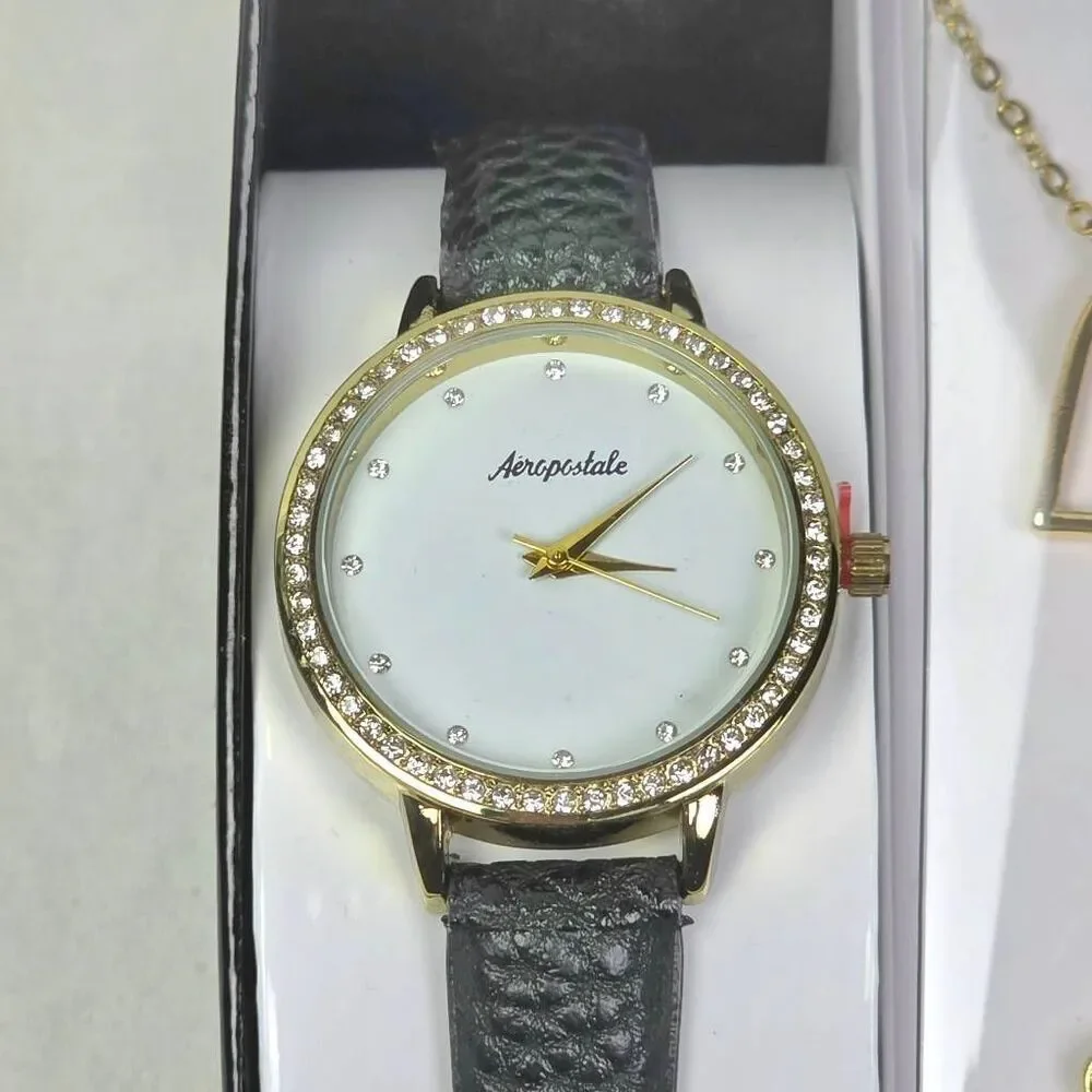 Aeropostale Watch Jewelry Set Necklace Earrings Gold Tone